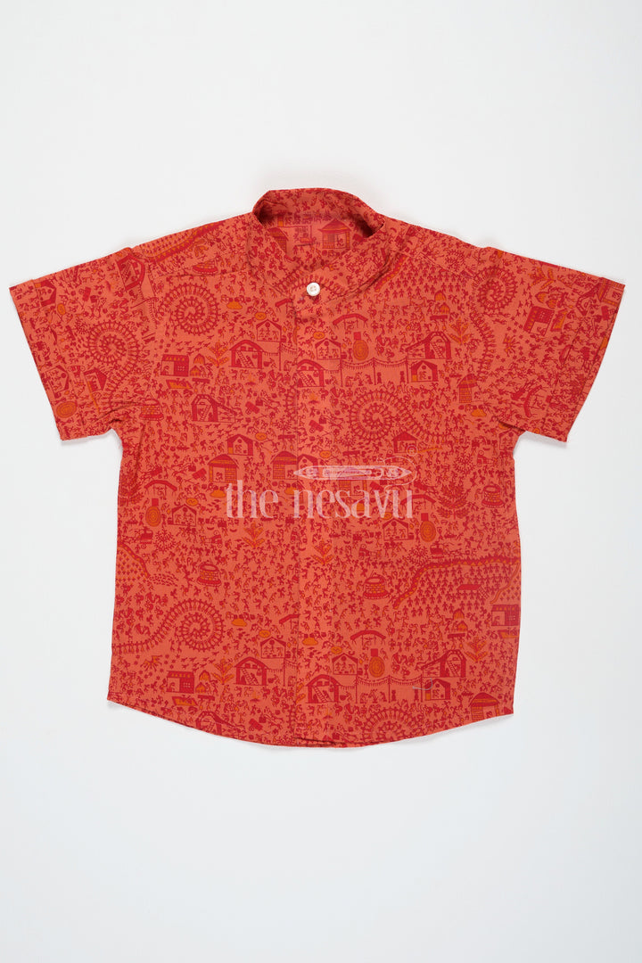 The Nesavu Boys Cotton Shirt Boys Cotton Shirt in Red Warli Print with Half Sleeves Night Dresses Trouser Shirt Nesavu 16 (1Y) / Red BS203B-16 Boys Red Warli Cotton Shirt Half Sleeves Nesavu Trendy Night Dresses Trouser Shirt