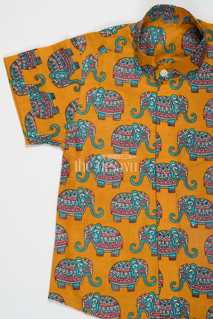 The Nesavu Boys Cotton Shirt Boys Cotton Shirt Mustard Elephant Print Boys Dress For Pongal Nesavu Nesavu Boys Mustard Cotton Shirt Elephant Print Boys Dress Diwali