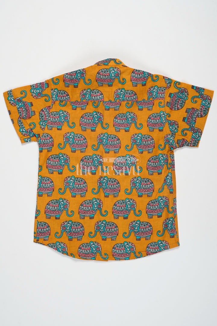 The Nesavu Boys Cotton Shirt Boys Cotton Shirt Mustard Elephant Print Boys Dress For Pongal Nesavu Nesavu Boys Mustard Cotton Shirt Elephant Print Boys Dress Diwali