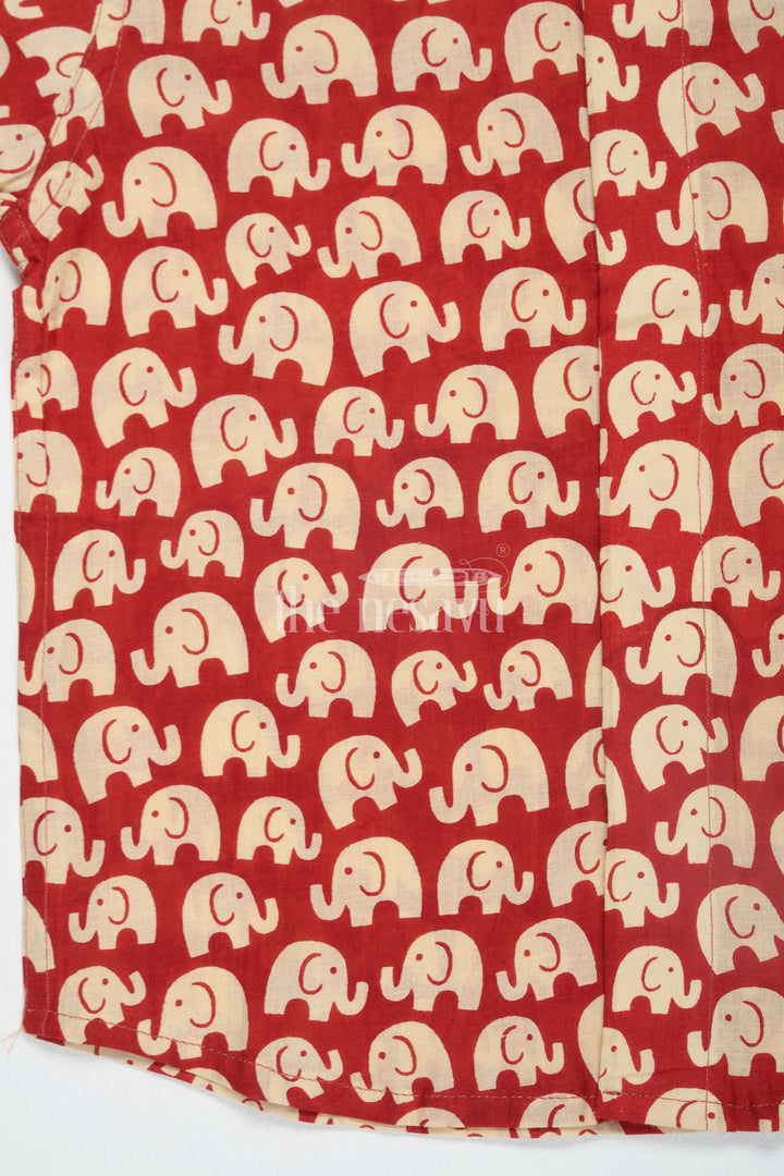 The Nesavu Boys Cotton Shirt Boys Cotton Shirt Red Elephant Print For Pongal Outfits Nesavu Nesavu Boys Red Cotton Shirt Beige Elephant Print Diwali Outfits