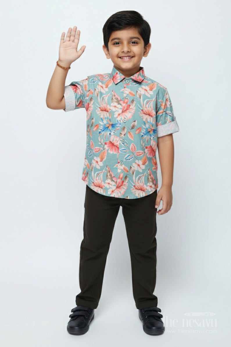 The Nesavu Boys Casual Set Boys Cotton Shirt Set with Bold Floral Print for Festive Occasions Nesavu 16 (1Y) / Green BCS466B-16 Nesavu boys floral digital print shirt set belt festive occasions birthdays family events