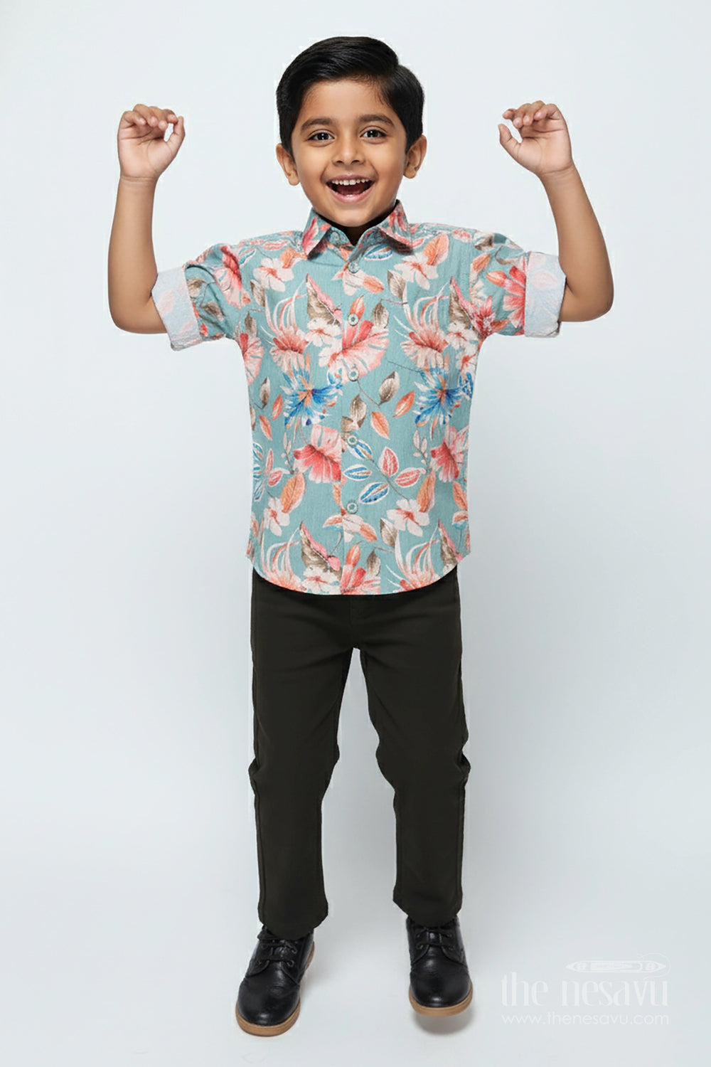 The Nesavu Boys Casual Set Boys Cotton Shirt Set with Bold Floral Print for Festive Occasions Nesavu Nesavu boys floral digital print shirt set belt festive occasions birthdays family events