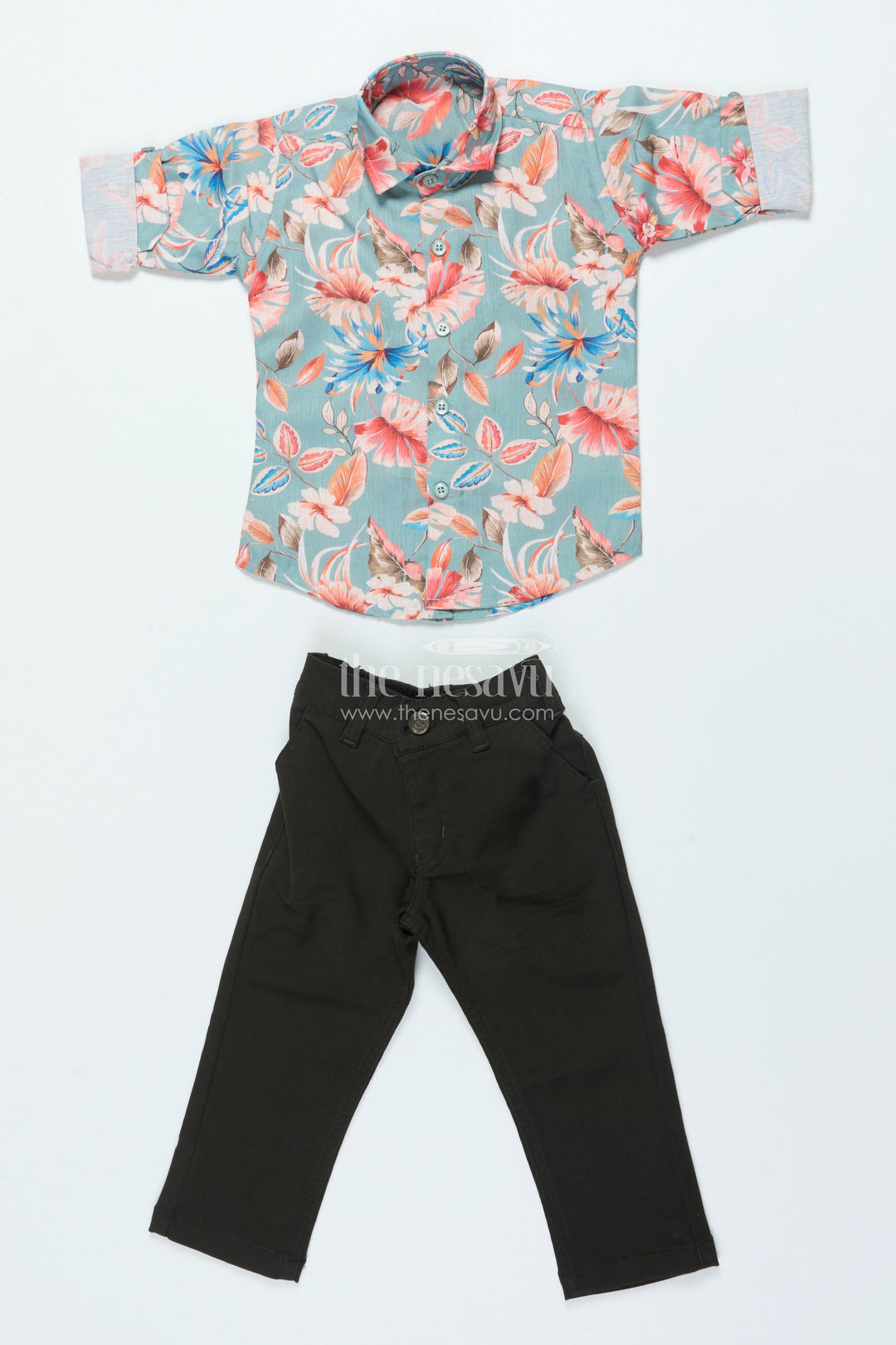 The Nesavu Boys Casual Set Boys Cotton Shirt Set with Bold Floral Print for Festive Occasions Nesavu Nesavu boys floral digital print shirt set belt festive occasions birthdays family events
