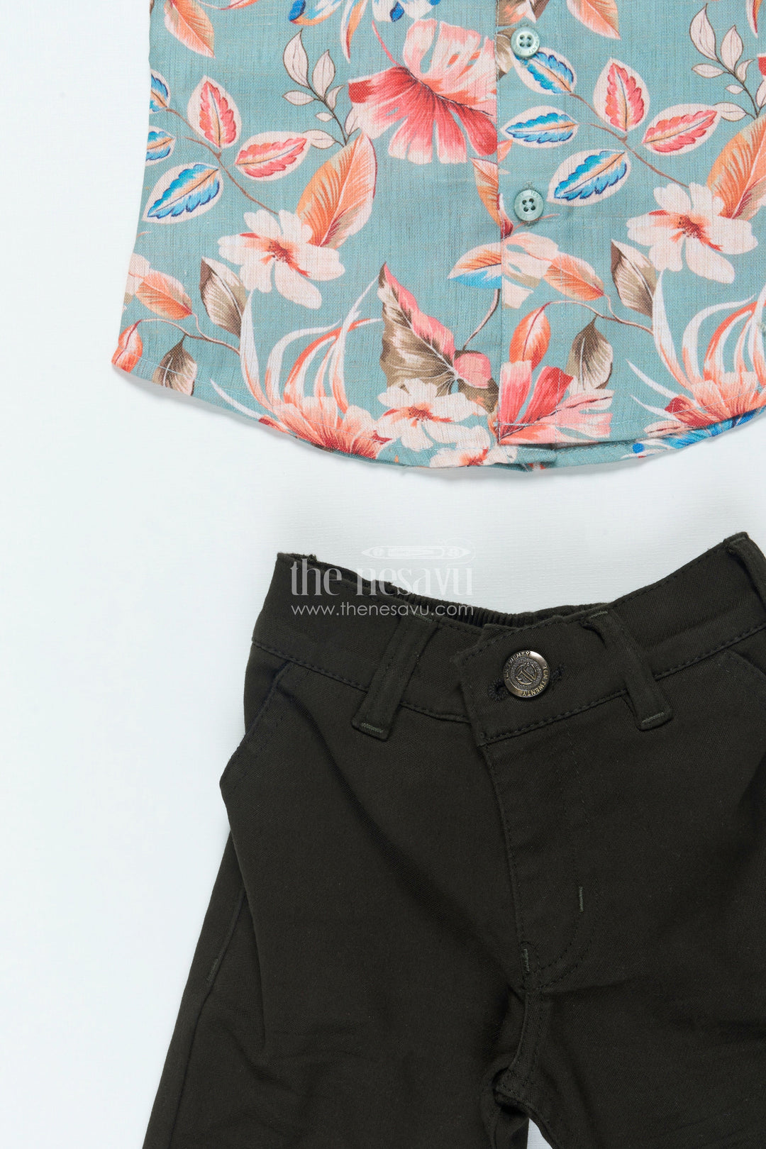 The Nesavu Boys Casual Set Boys Cotton Shirt Set with Bold Floral Print for Festive Occasions Nesavu Nesavu boys floral digital print shirt set belt festive occasions birthdays family events