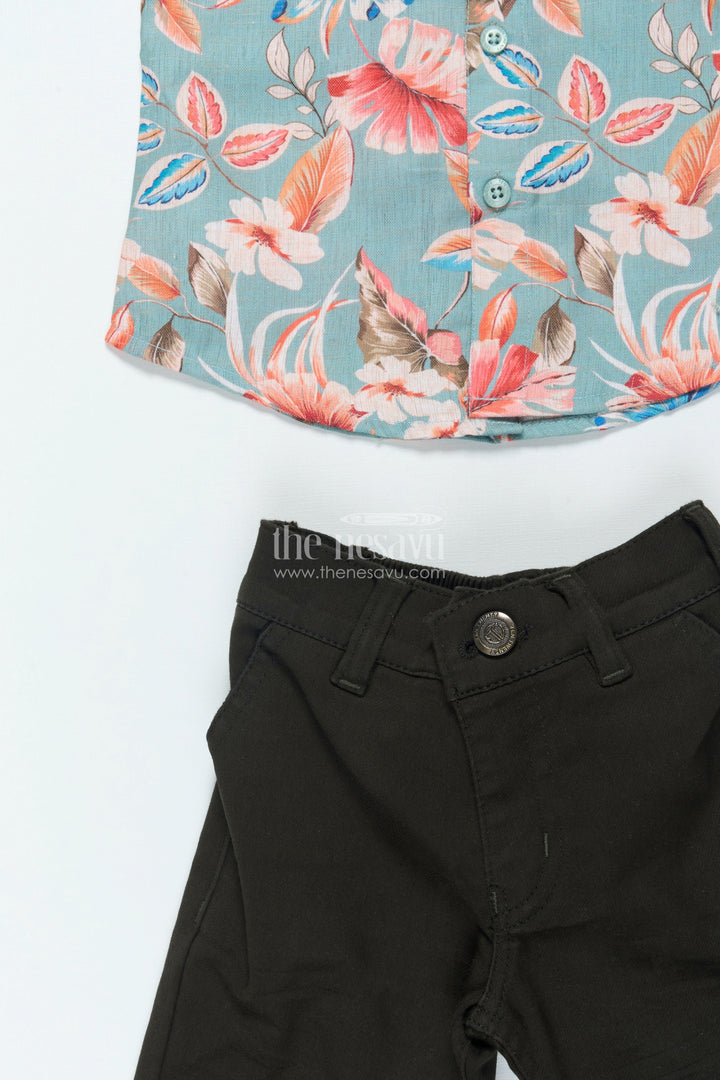 The Nesavu Boys Casual Set Boys Cotton Shirt Set with Bold Floral Print for Festive Occasions Nesavu Nesavu boys floral digital print shirt set belt festive occasions birthdays family events