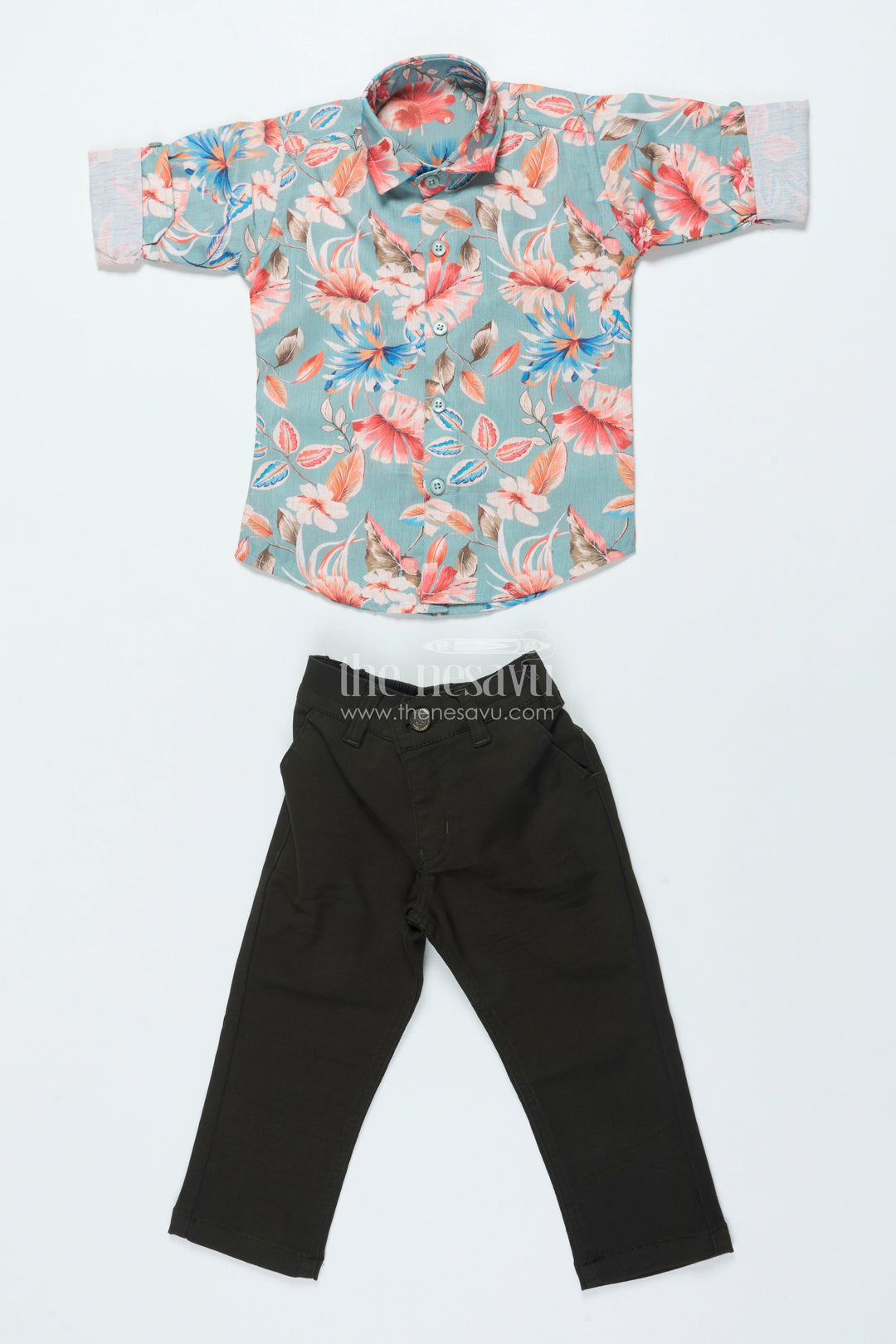 The Nesavu Boys Casual Set Boys Cotton Shirt Set with Bold Floral Print for Festive Occasions Nesavu Nesavu boys floral digital print shirt set belt festive occasions birthdays family events