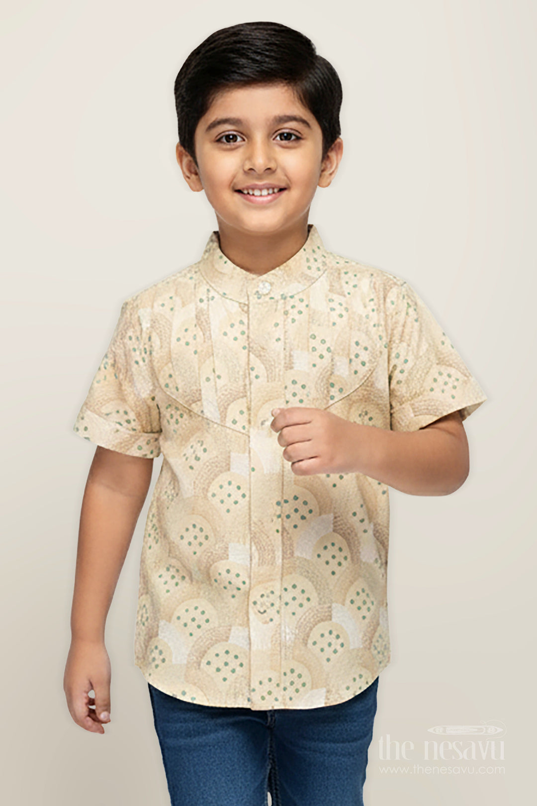 The Nesavu Boys Cotton Shirt Boys Cotton Shirt with Abstract Block Print for Casual and Festive Days Nesavu 16 (1Y) / Green BS255A-16 Nesavu Boys Cotton Shirt Abstract Ethnic Print Casual Festive Wear Kids
