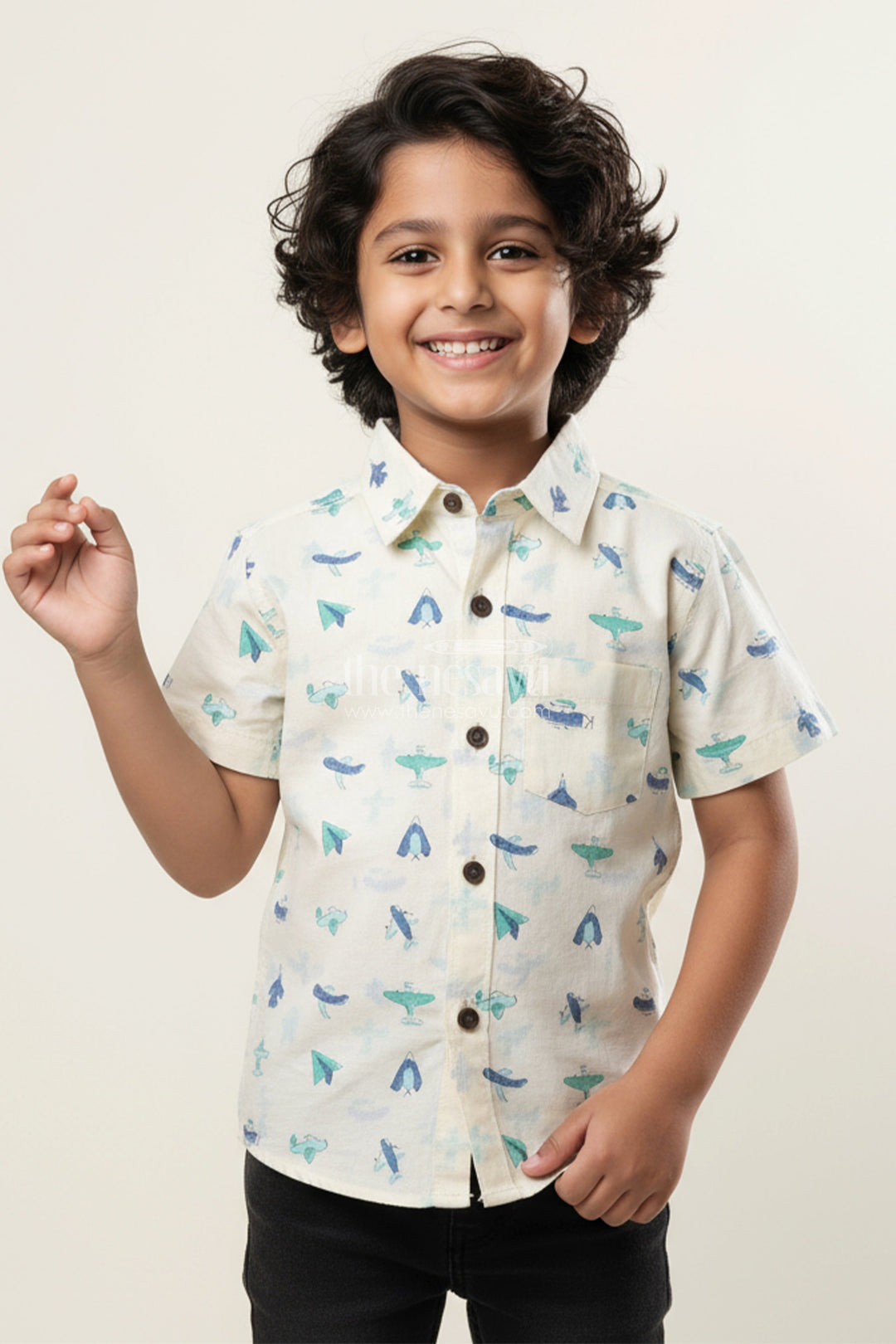 The Nesavu Boys Cotton Shirt Boys Cotton Shirt with Airplane Print for Travel-Themed Birthdays Nesavu 20 (3Y) / Blue BS325A-20 Nesavu boys cotton shirt airplane paper plane print  perfect travel-themed birthday parties
