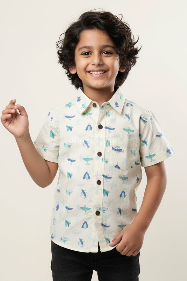 The Nesavu Boys Cotton Shirt Boys Cotton Shirt with Airplane Print for Travel-Themed Birthdays Nesavu 20 (3Y) / Blue BS325A-20 Nesavu boys cotton shirt airplane paper plane print  perfect travel-themed birthday parties