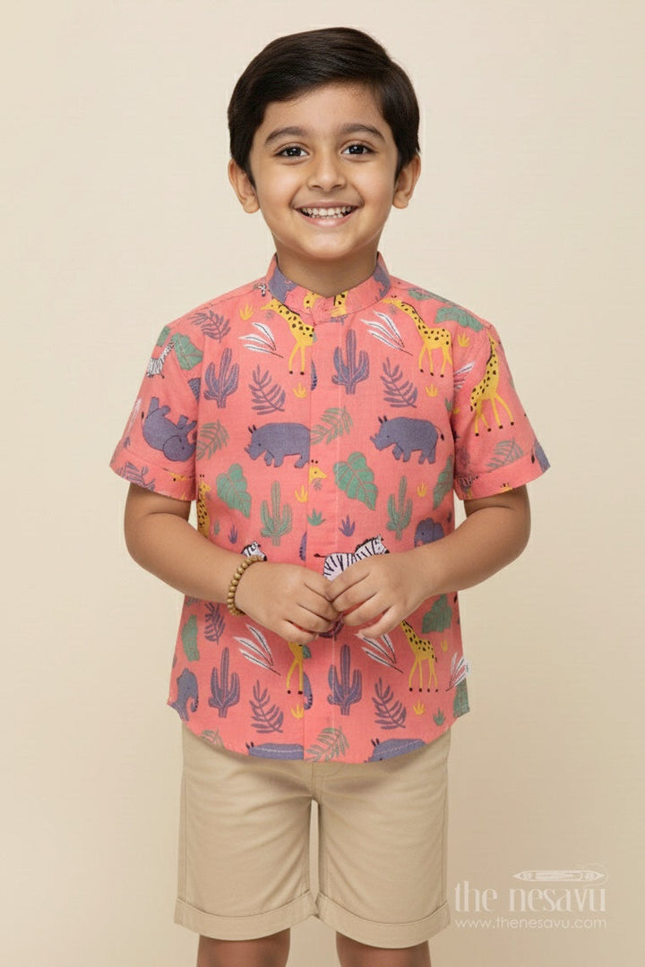 The Nesavu Boys Cotton Shirt Boys Cotton Shirt with Animal Safari Print for Playdates and Casual Fun Nesavu 16 (1Y) / Orange BS347A-16 Nesavu boys cotton shirt animal safari print casual wear themed outings