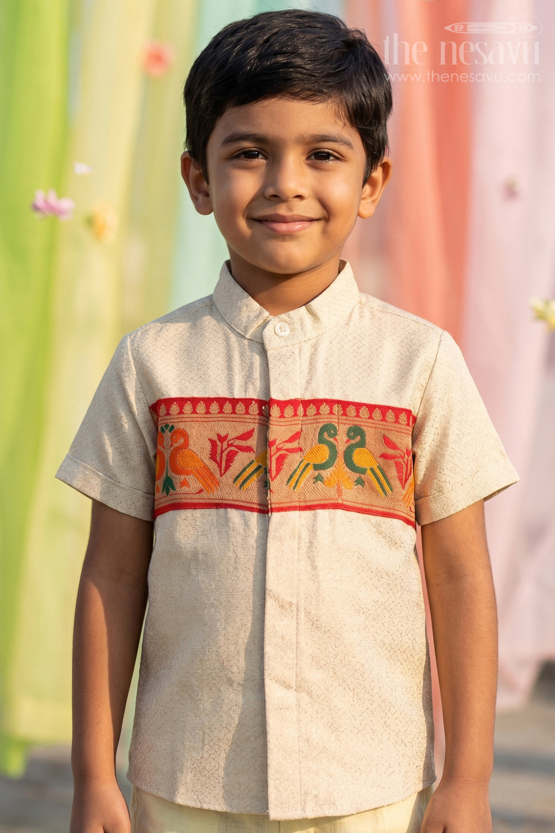 The Nesavu Boys Cotton Shirt Boys Cotton Shirt with Baithani Border for Festive Occasions and Pooja Wear Nesavu 16 (1Y) / Beige / Cotton BS493A-16 Nesavu Boys Cotton Shirt With Baithani Border For Festive Occasions And Pooja Traditional Wear