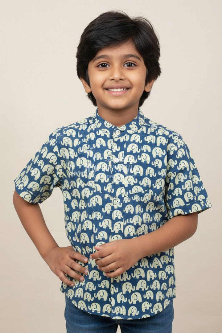 The Nesavu Boys Cotton Shirt Boys Cotton Shirt with Elephant Block Print for Casual and Festive Wear Nesavu 16 (1Y) / Blue BS257A-16 Nesavu Boys Cotton Shirt Elephant Block Print Traditional Casual Wear Kids