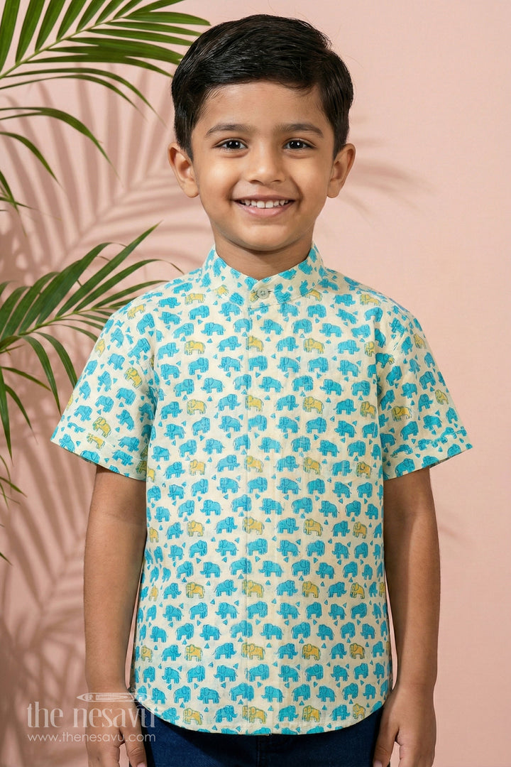 The Nesavu Boys Cotton Shirt Boys Cotton Shirt with Elephant Print Blue Trending Festive Outfits Nesavu 16 (1Y) / Blue BS180A-16 Nesavu Boys Blue Cotton Shirt Elephant Print Trending Festive Outfits