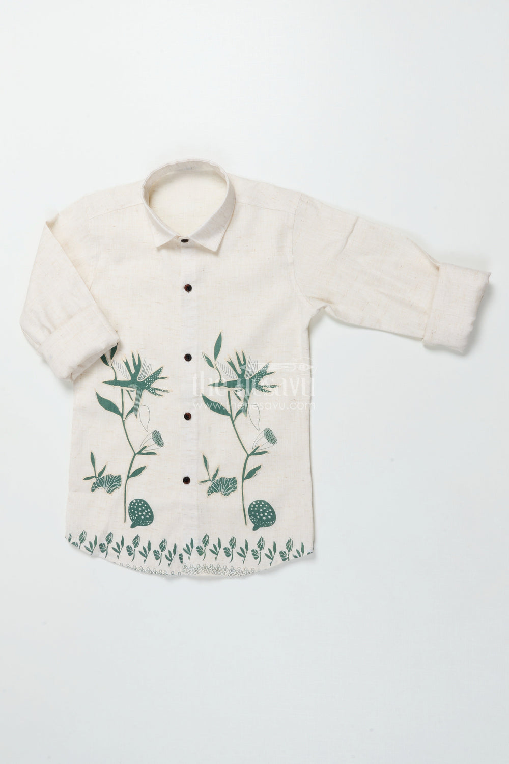 The Nesavu Boys Cotton Shirt Boys Cotton Shirt with Green Floral Placement Embroidery Casual Ethnic Wear Nesavu 26 (6Y) / Green BS357A-26 Boys floral embroidered cotton shirt ethnic casual shirt breathable cotton blend