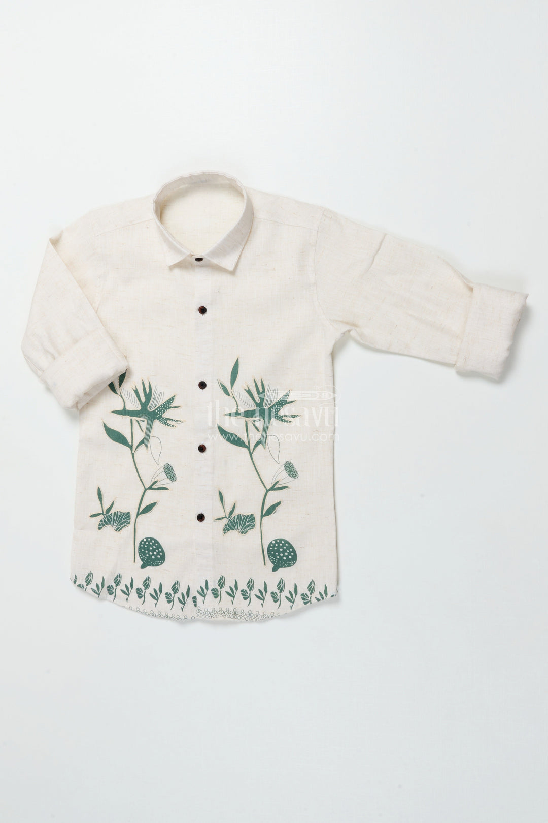 The Nesavu Boys Cotton Shirt Boys Cotton Shirt with Green Floral Placement Embroidery Casual Ethnic Wear Nesavu 26 (6Y) / Green BS357A-26 Boys floral embroidered cotton shirt ethnic casual shirt breathable cotton blend