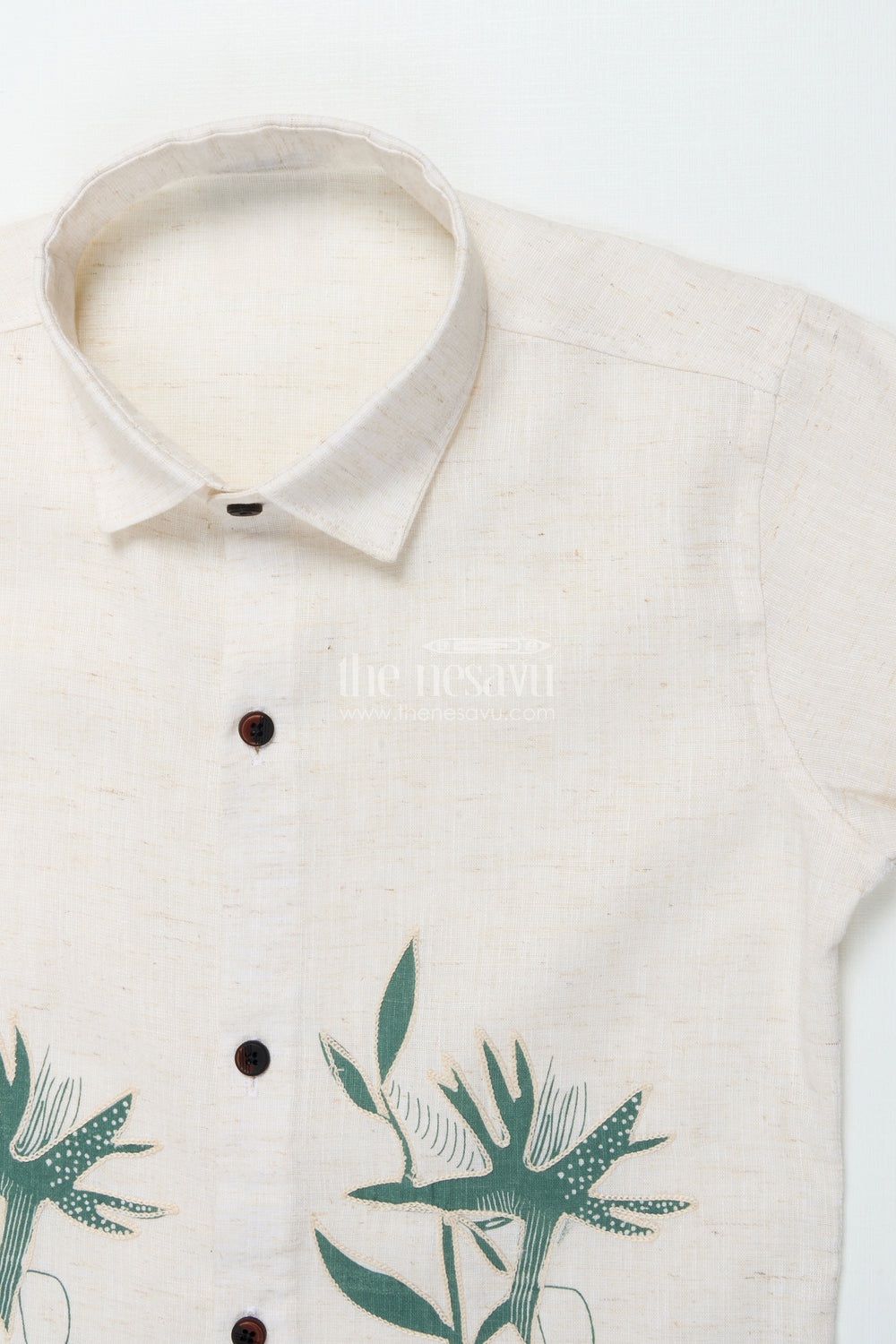 The Nesavu Boys Cotton Shirt Boys Cotton Shirt with Green Floral Placement Embroidery Casual Ethnic Wear Nesavu Boys floral embroidered cotton shirt ethnic casual shirt breathable cotton blend