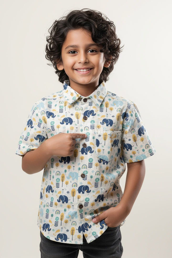 The Nesavu Boys Cotton Shirt Boys Cotton Shirt with Jungle Elephant Print for Playful Festive Wear Nesavu 20 (3Y) / Multicolor BS321A-20 Nesavu boys cotton shirt forest elephant print  playful comfy festive casual wear
