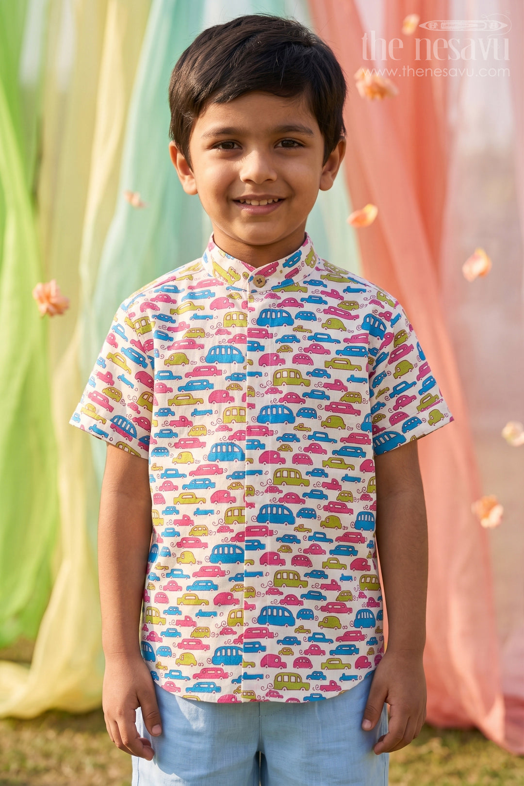 The Nesavu Boys Cotton Shirt Boys Cotton Shirt with Multicolor Car Print and Short Sleeves for Playful Casual Wear Nesavu 16 (1Y) / Multicolor BS177A-16 Nesavu Boys Multicolor Cotton Shirt Car Print Short Sleeves Casual Adventures