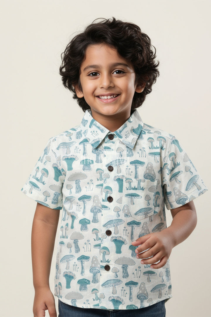 The Nesavu Boys Cotton Shirt Boys Cotton Shirt with Mushroom Print for Curious Little Adventurers Nesavu 20 (3Y) / Blue BS329A-20 Nesavu boys cotton shirt mushroom print  perfect outdoor adventures nature themes