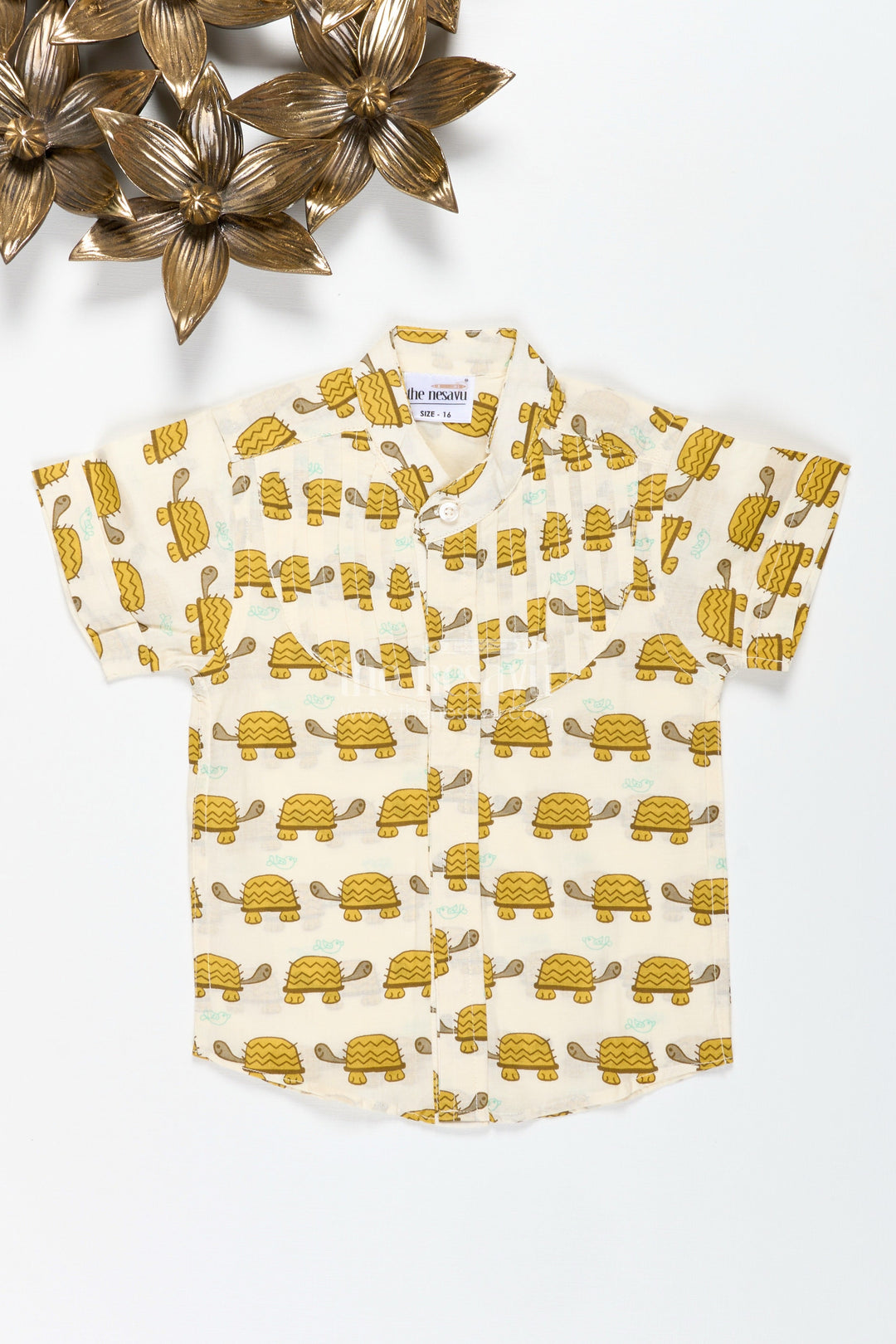 The Nesavu Boys Cotton Shirt Boys Cotton Shirt with Mustard Turtle Print for Ethnic Gatherings Nesavu 16 (1Y) / Yellow BS256A-16 Nesavu Boys Cotton Shirt Mustard Turtle Print Fun Ethnic Wear Kids