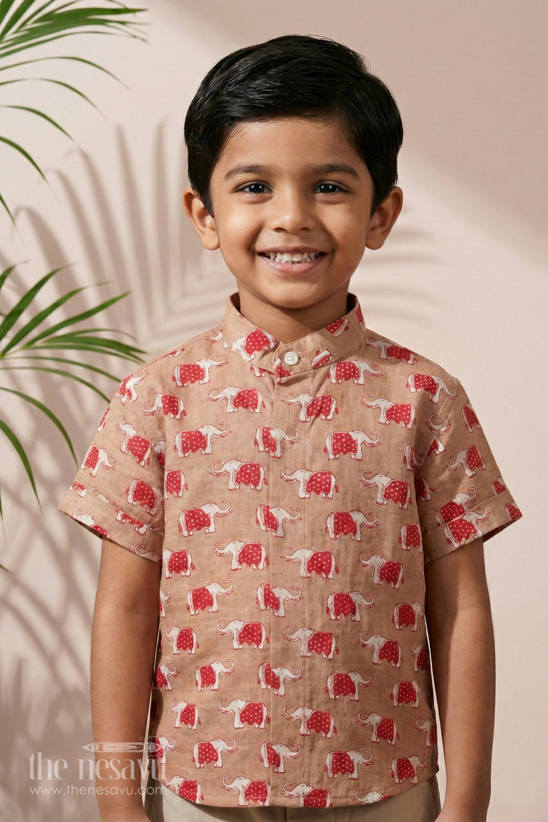The Nesavu Boys Cotton Shirt Boys Cotton Shirt with Red Elephant Print Festive Clothing Nesavu 16 (1Y) / Red BS181A-16 Nesavu Boys Beige Cotton Shirt Red Elephant Print Festive Clothing