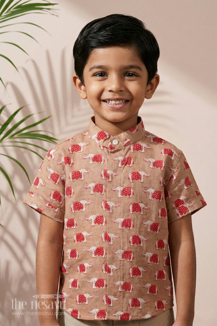 The Nesavu Boys Cotton Shirt Boys Cotton Shirt with Red Elephant Print Festive Clothing Nesavu 16 (1Y) / Red BS181A-16 Nesavu Boys Beige Cotton Shirt Red Elephant Print Festive Clothing