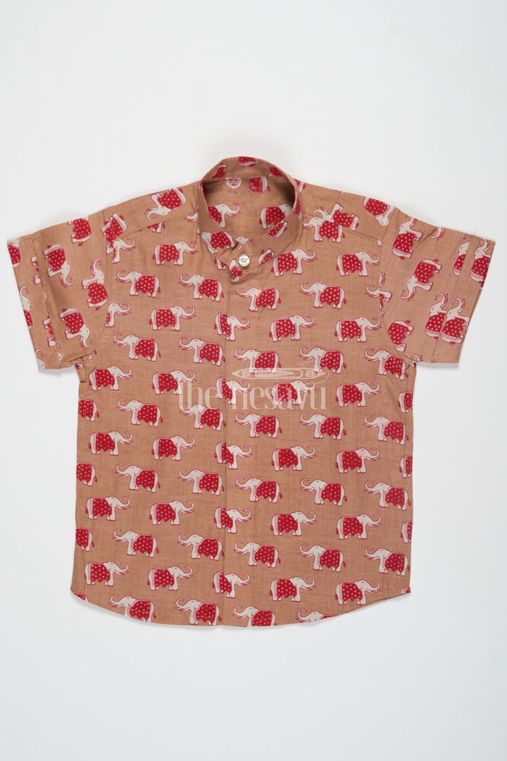 The Nesavu Boys Cotton Shirt Boys Cotton Shirt with Red Elephant Print Festive Clothing Nesavu 16 (1Y) / Red BS181A-16 Nesavu Boys Beige Cotton Shirt Red Elephant Print Festive Clothing