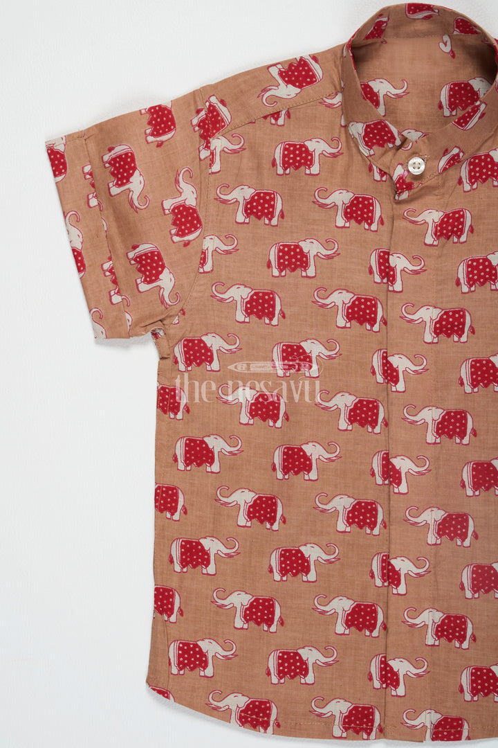 The Nesavu Boys Cotton Shirt Boys Cotton Shirt with Red Elephant Print Festive Clothing Nesavu Nesavu Boys Beige Cotton Shirt Red Elephant Print Festive Clothing