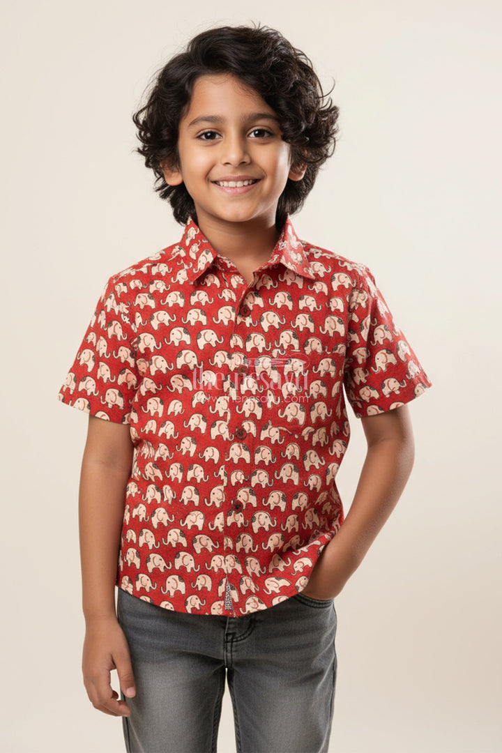 The Nesavu Boys Cotton Shirt Boys Cotton Shirt with Red Elephant Print for Casual and Festive Wear Nesavu 20 (3Y) / Maroon BS317B-20 Nesavu red elephant print cotton shirt boys  breathable perfect festive days