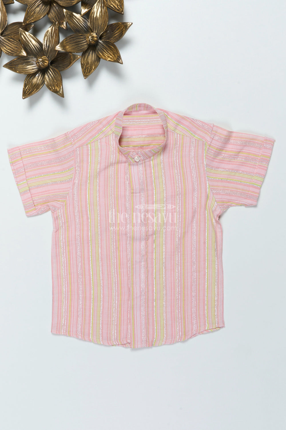 The Nesavu Boys Cotton Shirt Boys Cotton Shirt with Zari Stripes for Casual Festive Wear Nesavu Nesavu boys cotton shirt zari stripes ethnic school day casual festive wear