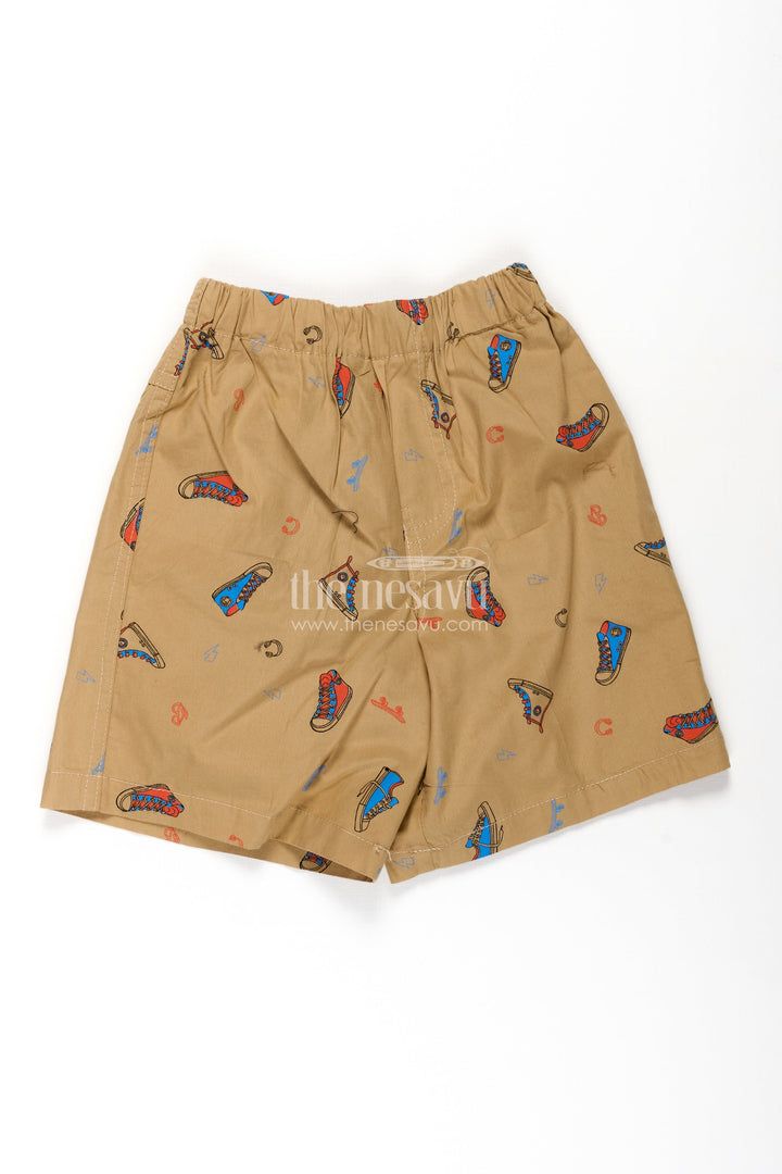 The Nesavu Boys Shorts Boys Cotton Shorts for Infants in Beige with Fun Sneaker Digital Print and Soft Elastic Waist Nesavu 18 (2Y) / Gold BWS031A-18 Nesavu Boys Cotton Shorts Infants Beige Colorful Sneaker Print Soft Waistband