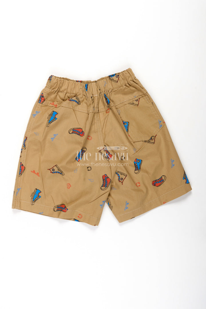 The Nesavu Boys Shorts Boys Cotton Shorts for Infants in Beige with Fun Sneaker Digital Print and Soft Elastic Waist Nesavu Nesavu Boys Cotton Shorts Infants Beige Colorful Sneaker Print Soft Waistband