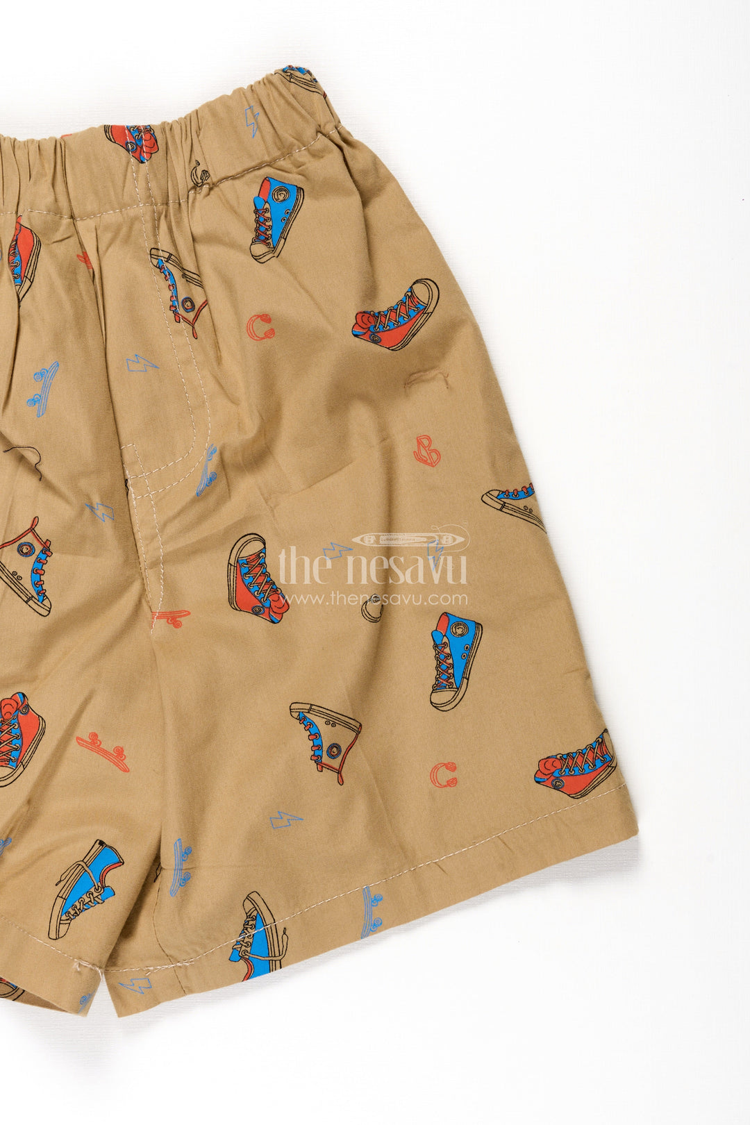 The Nesavu Boys Shorts Boys Cotton Shorts for Infants in Beige with Fun Sneaker Digital Print and Soft Elastic Waist Nesavu Nesavu Boys Cotton Shorts Infants Beige Colorful Sneaker Print Soft Waistband