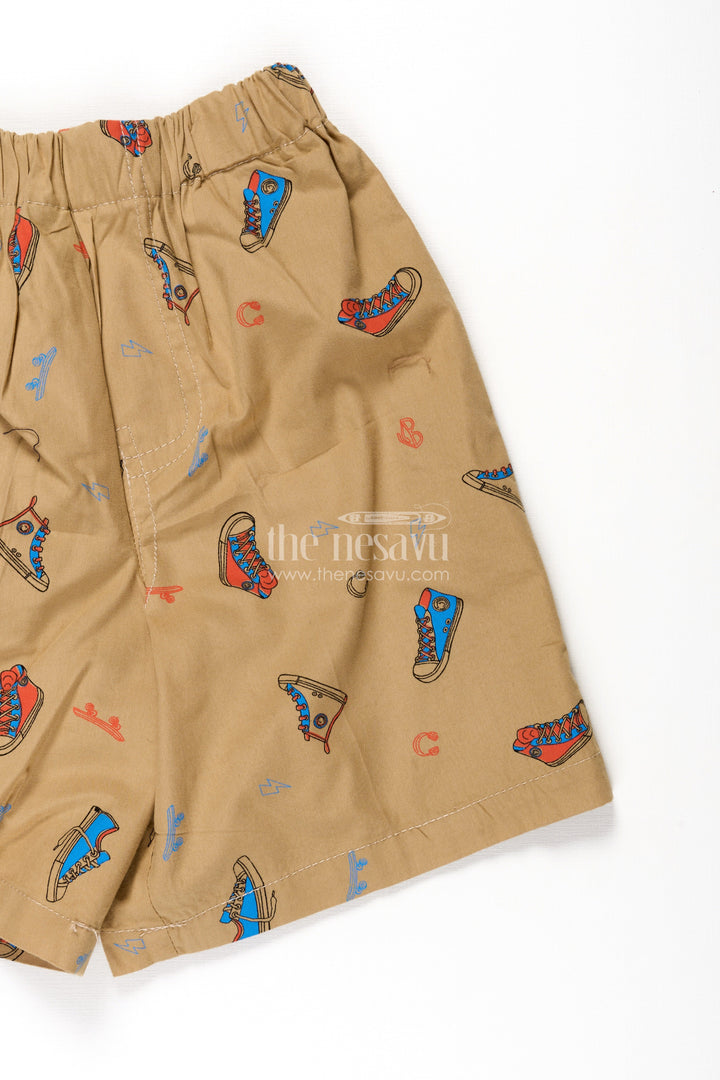 The Nesavu Boys Shorts Boys Cotton Shorts for Infants in Beige with Fun Sneaker Digital Print and Soft Elastic Waist Nesavu Nesavu Boys Cotton Shorts Infants Beige Colorful Sneaker Print Soft Waistband