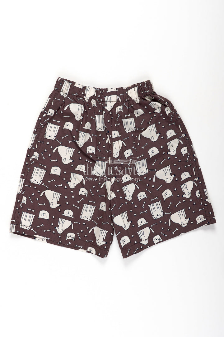 The Nesavu Boys Shorts Boys Cotton Shorts in Charcoal with Cute Character Motifs and Soft Digital Printed Fabric Nesavu 18 (2Y) / Brown BWS024A-18 Nesavu Boys Charcoal Printed Cotton Shorts Fun Character Design Soft Comfortable Fabric