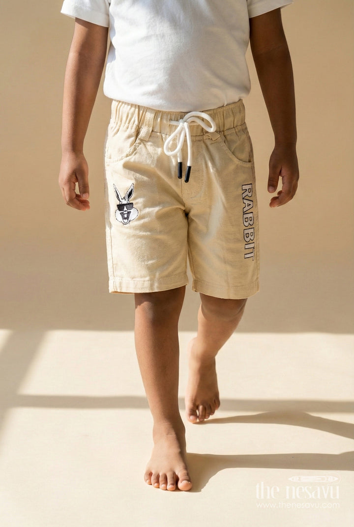 The Nesavu Boys Shorts Boys Cotton Shorts with Drawstring Waist and Cartoon Motif Nesavu 14 (6M) / Cream / Cotton BWS066G-14 Boys casual cotton shorts with cartoon graphic and flexible drawstring waistband