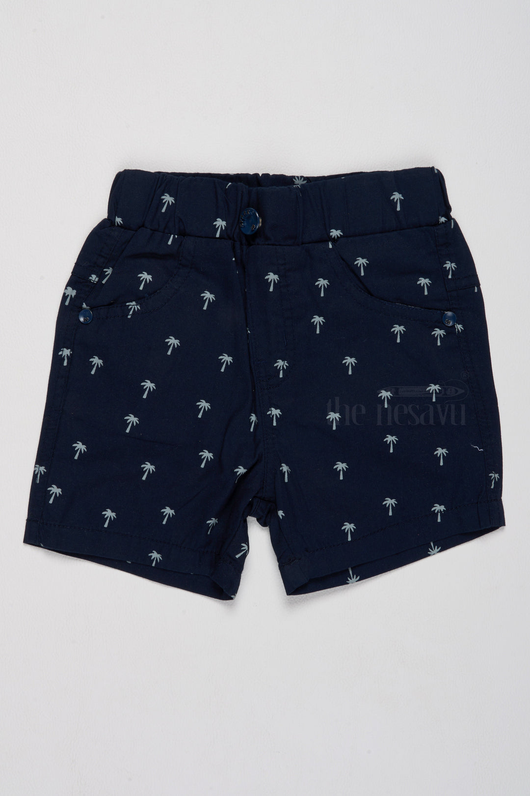 The Nesavu Boys Shorts Boys Cotton Shorts with Playful Palm Tree Print and Elastic Waistband Nesavu 14 (6M) / Blue BWS012C-14 Boys Navy Blue Cotton Shorts Playful Palm Tree Print Adjustable Waist | The Nesavu