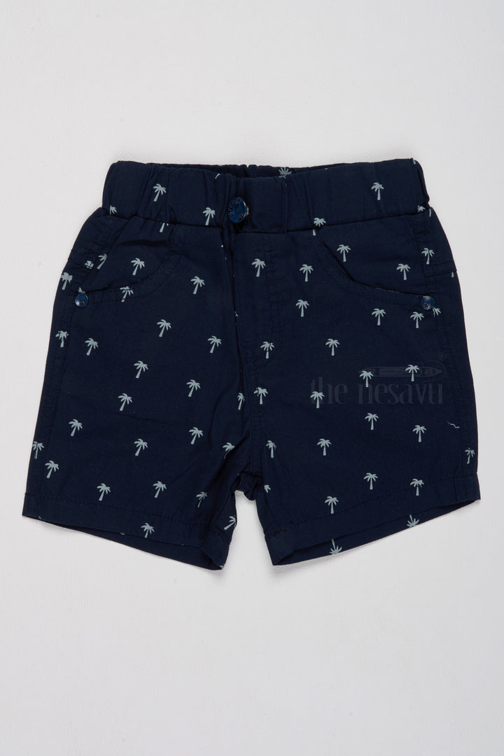 The Nesavu Boys Shorts Boys Cotton Shorts with Playful Palm Tree Print and Elastic Waistband Nesavu 14 (6M) / Blue BWS012C-14 Boys Navy Blue Cotton Shorts Playful Palm Tree Print Adjustable Waist | The Nesavu