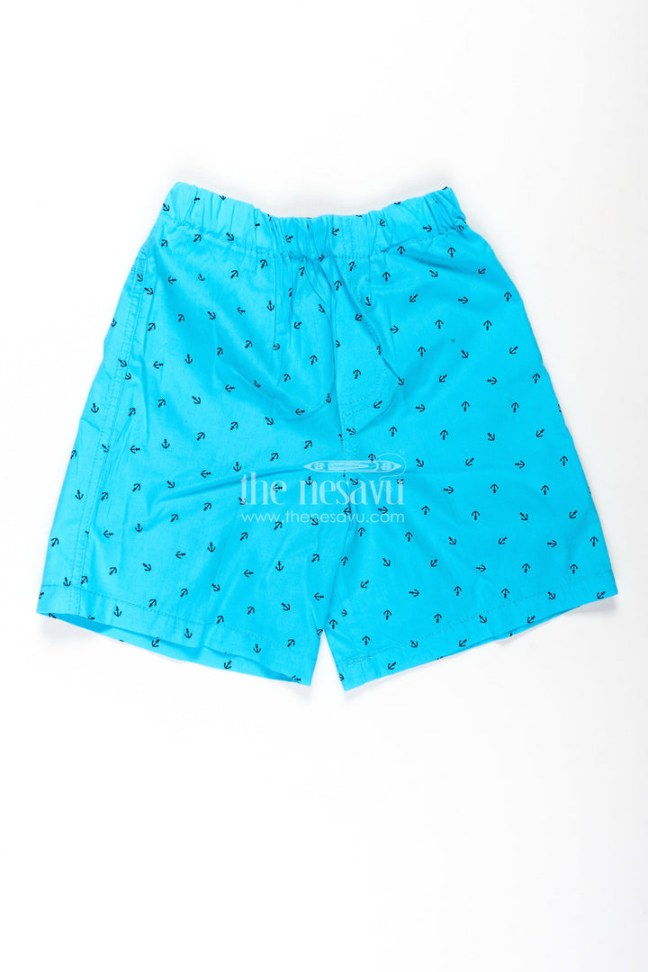 The Nesavu Boys Shorts Boys Cotton Sky Blue Shorts with Tiny Anchor Digital Print and Breathable Soft Fabric Nesavu 18 (2Y) / Blue BWS033A-18 Nesavu Boys Cotton Sky Blue Shorts Tiny Anchor Print Light Breathable Fit