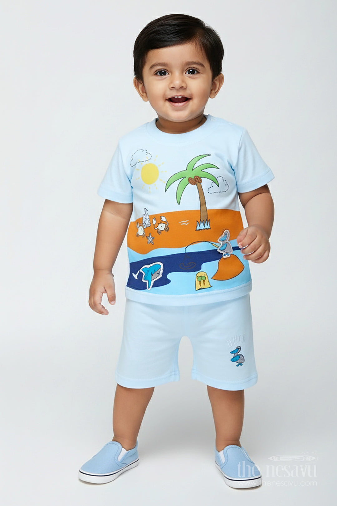 The Nesavu Boys Casual Set Boys Cotton Smart Casual Street Style Outfit with Tropical Digital Print Tee and Light Shorts for Everyday Play Nesavu 14 (6M) / Blue BCS284B-14 Nesavu Boys Smart Casual Street Style Outfit Cotton Digital Print Tee Light Shorts