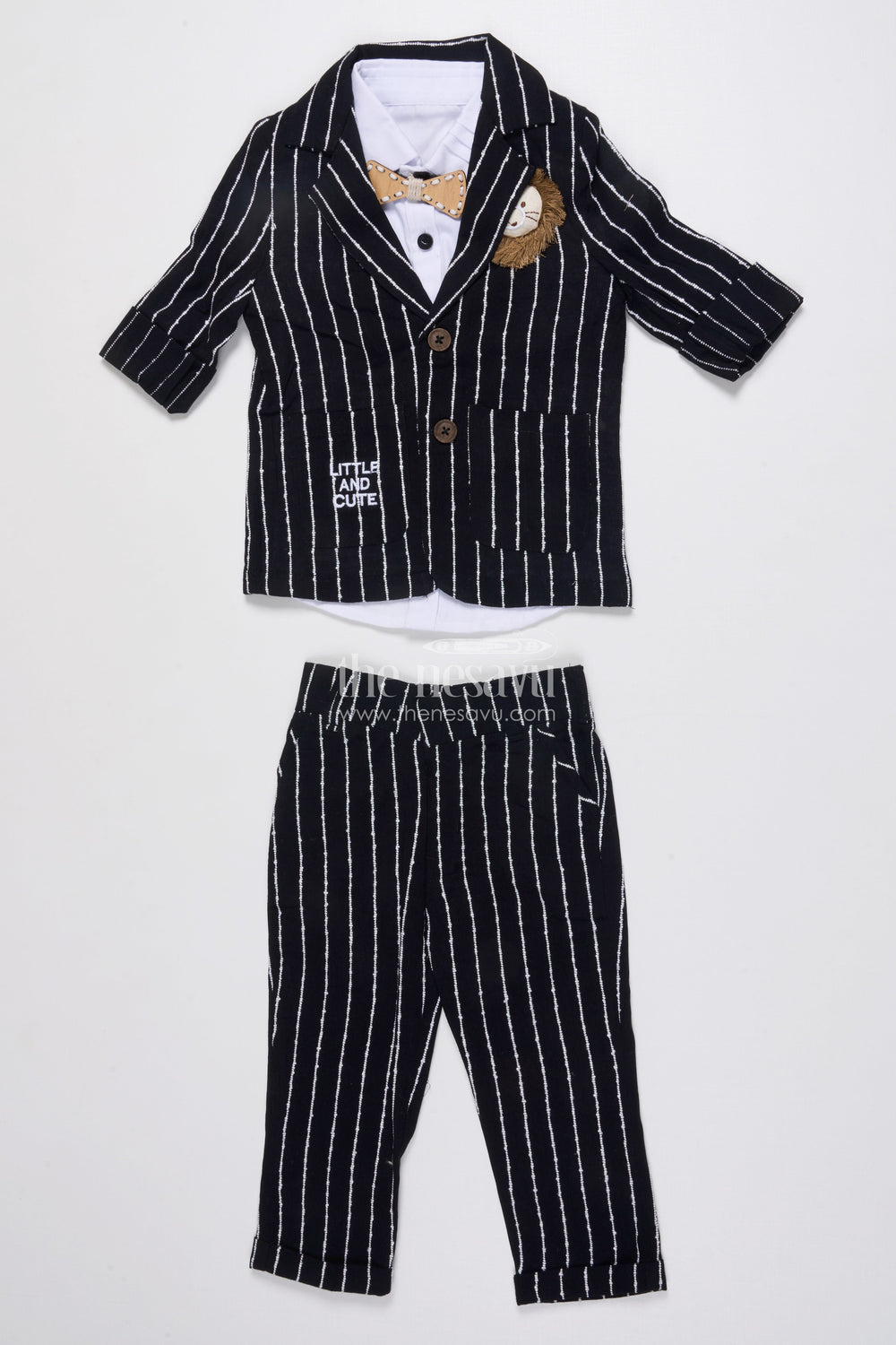 The Nesavu Boys Blazer Set Boys Cotton Stripe Blazer Outfit with Playful Embroidery and Bow Tie Nesavu 16 (1Y) / Black BCS488B-16 Nesavu boys striped cotton blazer set bow tie badge  party wear suit