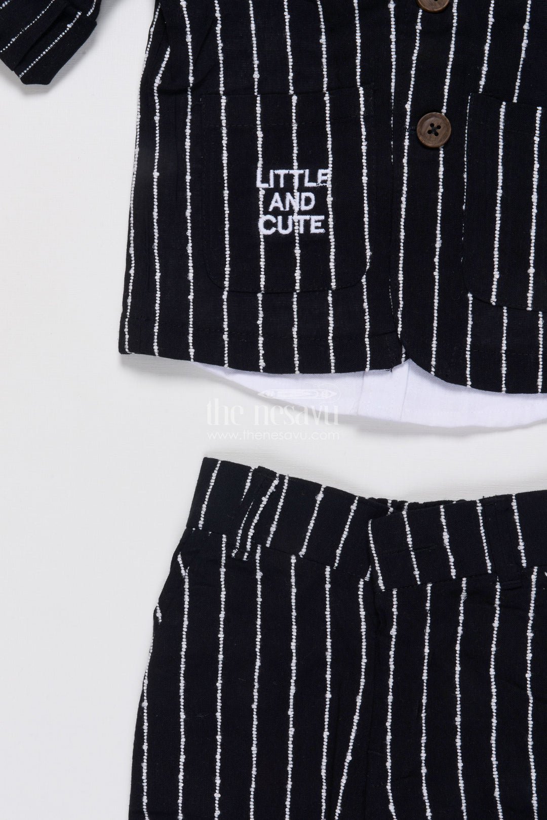 The Nesavu Boys Blazer Set Boys Cotton Stripe Blazer Outfit with Playful Embroidery and Bow Tie Nesavu Nesavu boys striped cotton blazer set bow tie badge  party wear suit