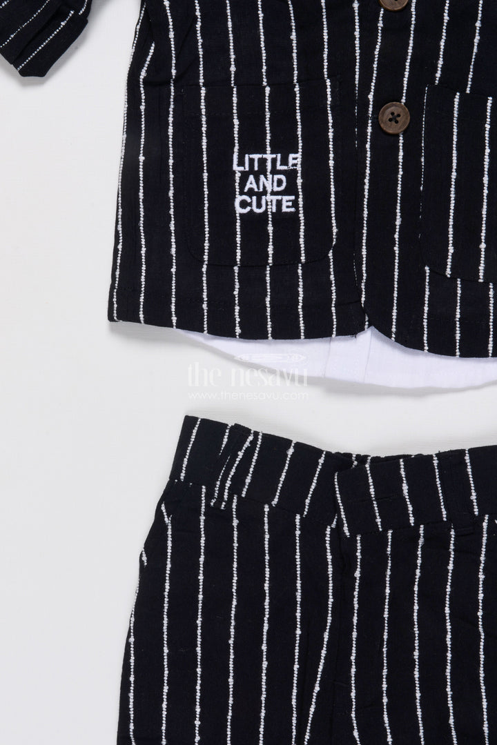 The Nesavu Boys Blazer Set Boys Cotton Stripe Blazer Outfit with Playful Embroidery and Bow Tie Nesavu Nesavu boys striped cotton blazer set bow tie badge  party wear suit