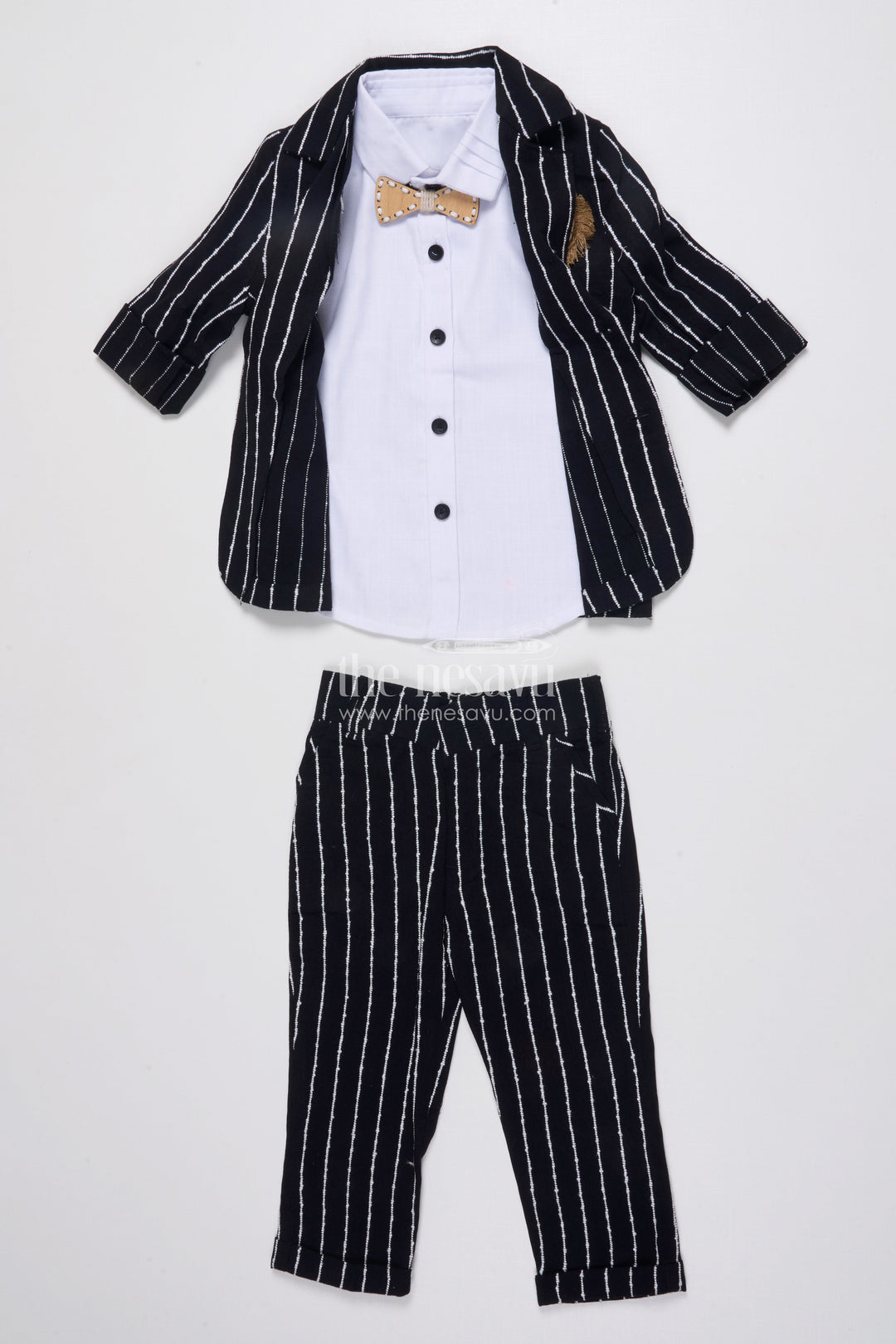 The Nesavu Boys Blazer Set Boys Cotton Stripe Blazer Outfit with Playful Embroidery and Bow Tie Nesavu Nesavu boys striped cotton blazer set bow tie badge  party wear suit