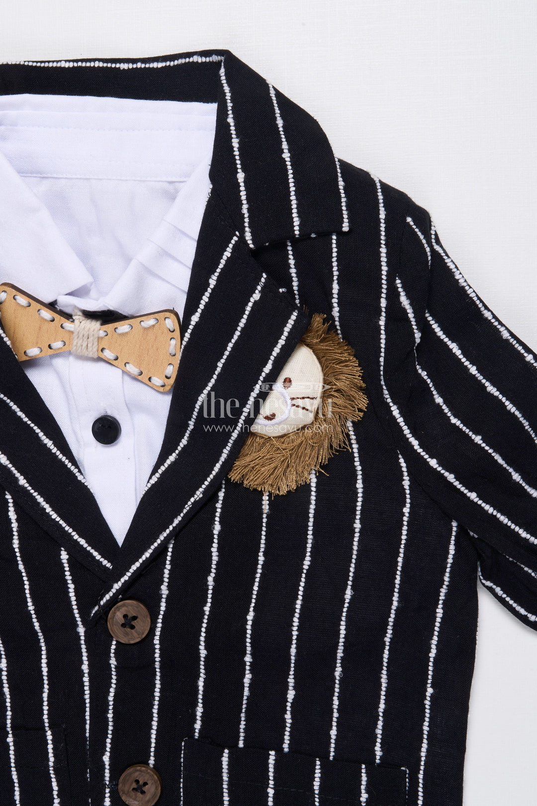 The Nesavu Boys Blazer Set Boys Cotton Stripe Blazer Outfit with Playful Embroidery and Bow Tie Nesavu Nesavu boys striped cotton blazer set bow tie badge  party wear suit