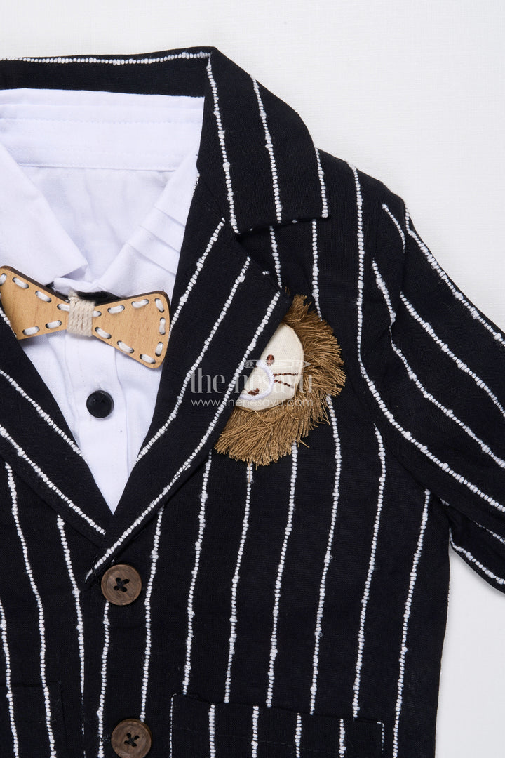 The Nesavu Boys Blazer Set Boys Cotton Stripe Blazer Outfit with Playful Embroidery and Bow Tie Nesavu Nesavu boys striped cotton blazer set bow tie badge  party wear suit