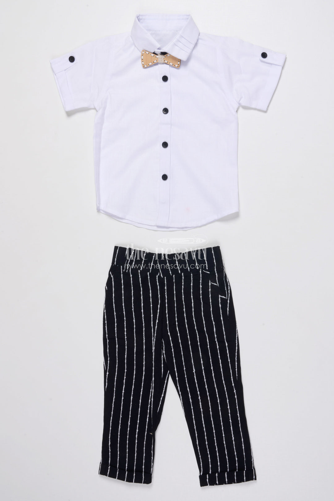 The Nesavu Boys Blazer Set Boys Cotton Stripe Blazer Outfit with Playful Embroidery and Bow Tie Nesavu Nesavu boys striped cotton blazer set bow tie badge  party wear suit