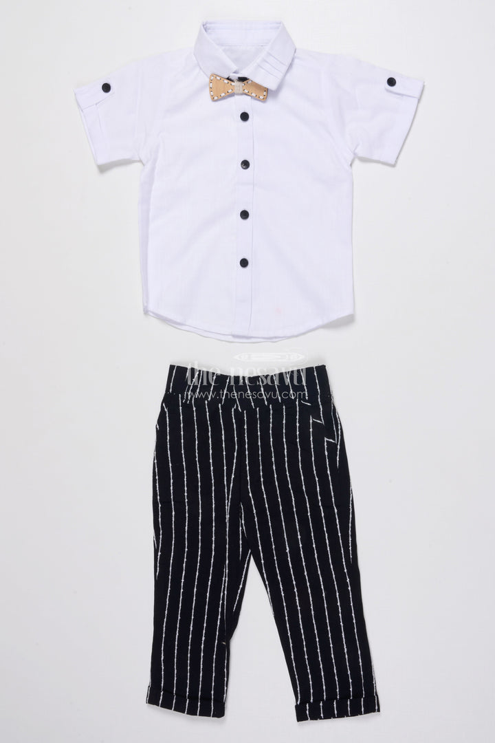 The Nesavu Boys Blazer Set Boys Cotton Stripe Blazer Outfit with Playful Embroidery and Bow Tie Nesavu Nesavu boys striped cotton blazer set bow tie badge  party wear suit