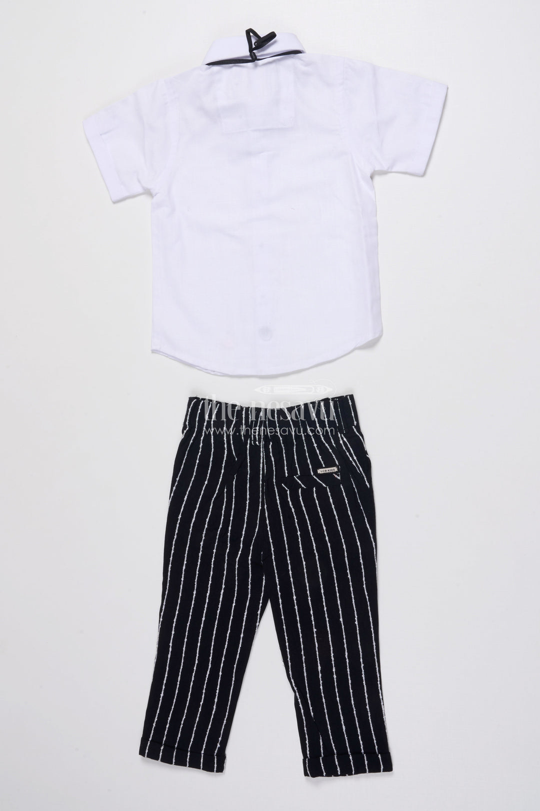 The Nesavu Boys Blazer Set Boys Cotton Stripe Blazer Outfit with Playful Embroidery and Bow Tie Nesavu Nesavu boys striped cotton blazer set bow tie badge  party wear suit