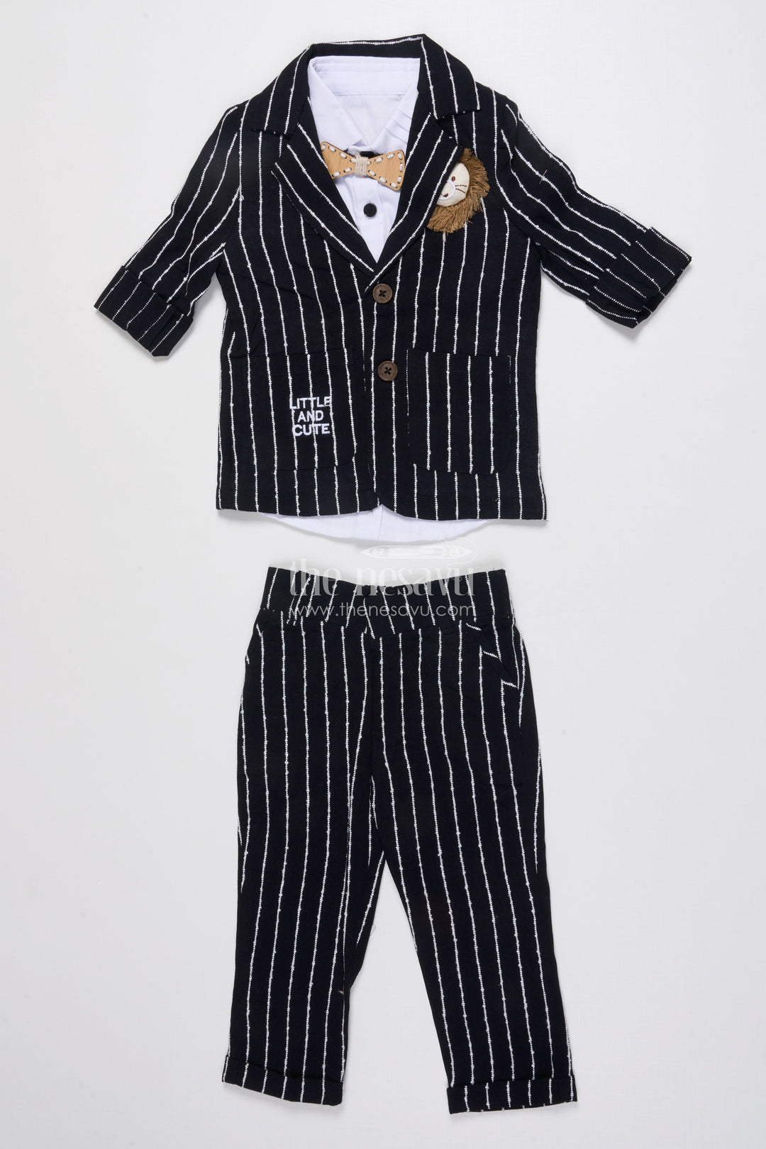 The Nesavu Boys Blazer Set Boys Cotton Stripe Blazer Outfit with Playful Embroidery and Bow Tie Nesavu Nesavu boys striped cotton blazer set bow tie badge  party wear suit